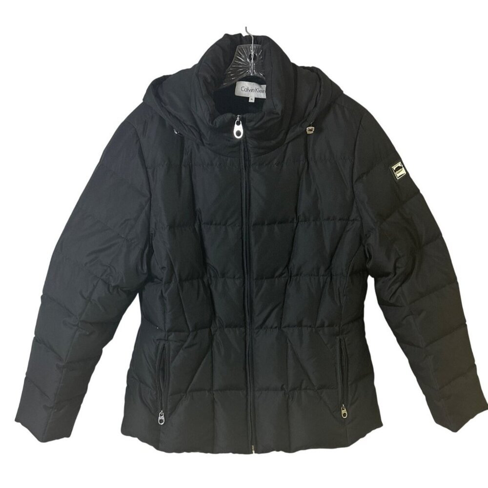 Calvin Klein XL Lined Womens Black Puffer Jacket With Hood Front Zip Closure